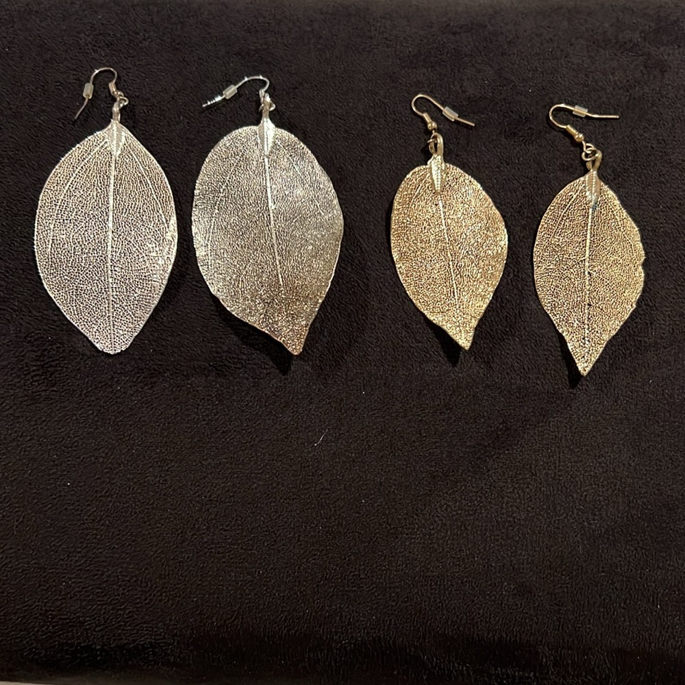 Gold and Silver Plated Leaf Earrings Set of 2 EUC
